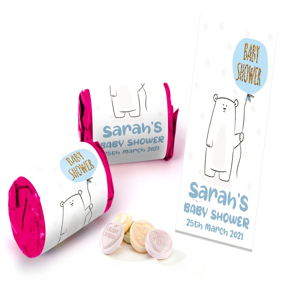 Colourbat x40 Sweet Rolls Personalised Bear Baby Shower Sweets Mini Love Hearts Party Favours for Guests Suitable for Vegetarians Vegans Halal