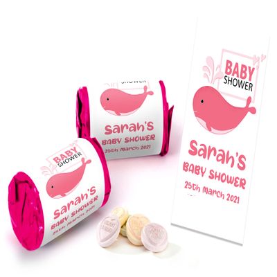 Colourbat x40 Sweet Rolls Personalised Girl Whale Baby Shower Sweets Mini Love Hearts Party Favours for Guests Suitable for Vegetarians Vegans Halal
