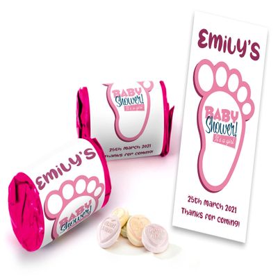 Colourbat x40 Sweet Rolls Personalised Baby Girl Shower Sweets Mini Love Hearts Party Favours for Guests Suitable for Vegetarians Vegans Halal