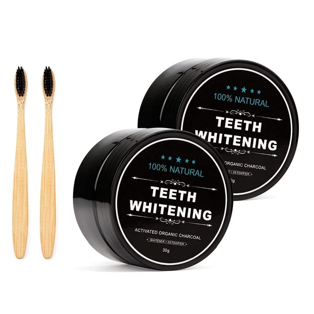 2-Pack Teeth Whitening Charcoal Powder + Bamboo Brush Oral Care Sets, WUBLSYAN Natural Activated Charcoal Teeth Whitener Powder (Pack of 2)