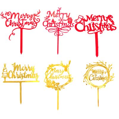 Gold Red Merry Christmas Cake Toppers, 6Pcs Reindeer Antler Xmas Tree Candy Cane Snowflake Elk Decoration for Cakes, Xmas Decor for Christmas Cake Toppers Christmas Party Cake Decorations Supplies