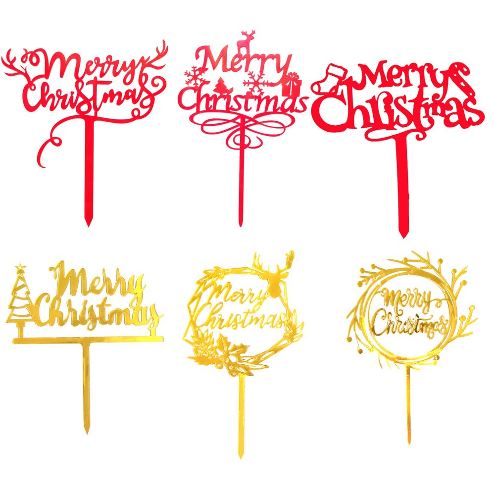 Gold Red Merry Christmas Cake Toppers, 6Pcs Reindeer Antler Xmas Tree Candy Cane Snowflake Elk Decoration for Cakes, Xmas Decor for Christmas Cake Toppers Christmas Party Cake Decorations Supplies