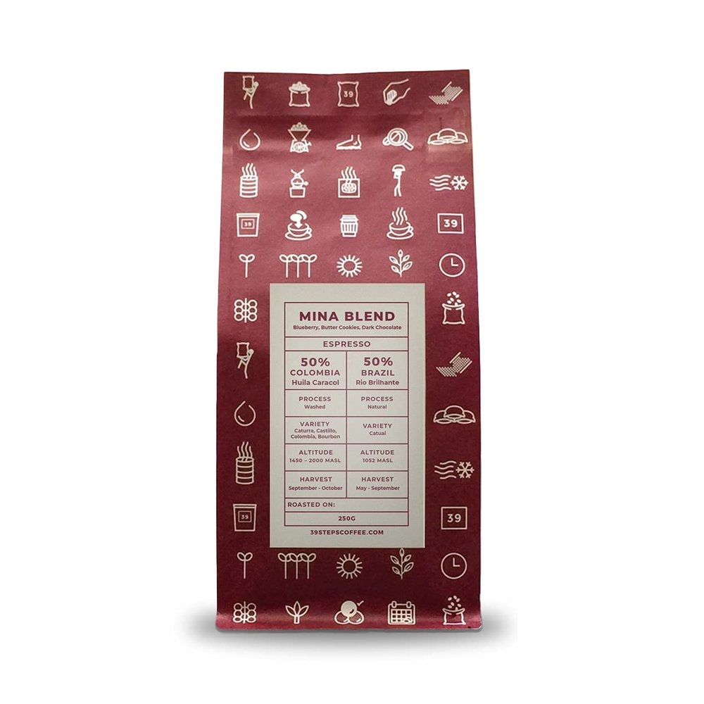 39 Steps Coffee | Mina Blend House Espresso | Flavour notes of Blueberry, Butter Cookie and Dark Chocolate | Medium Roast Whole Coffee Beans | 250g Bag