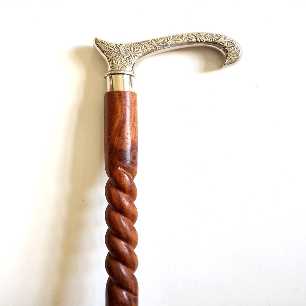 Silver & Brown Victorian Handle Walking Spiral Stick Brass Wooden Brass Victorian Head Walking Stick Canes Handle Hiking Gift