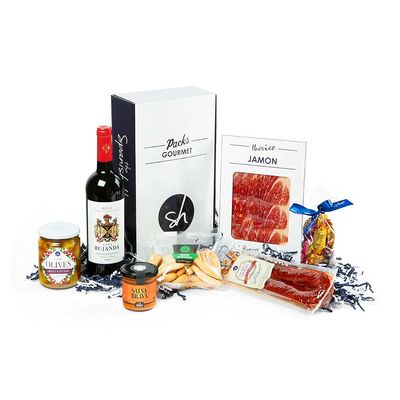 Spanish Hamper Gourmet Pack | Rioja Red Wine, Chorizo, Olives, Salsa Brava, Jamon, Chocolate Fruits, Breadsticks. GP14.
