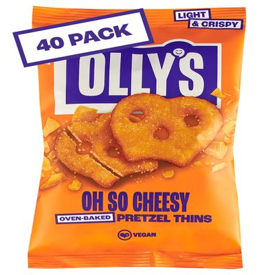 Olly's Pretzel Thins, Oh So Cheesy, 35g (Pack of 40), Handy Snack Pouches, Healthy Plant-Based Vegan Snacks for Dipping, Low Calorie Snacks, Low Fat, Source of Fibre, No Preservatives