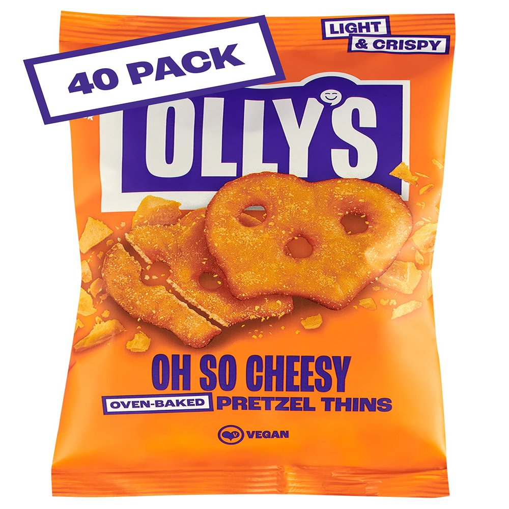 Olly's Pretzel Thins, Oh So Cheesy, 35g (Pack of 40), Handy Snack Pouches, Healthy Plant-Based Vegan Snacks for Dipping, Low Calorie Snacks, Low Fat, Source of Fibre, No Preservatives