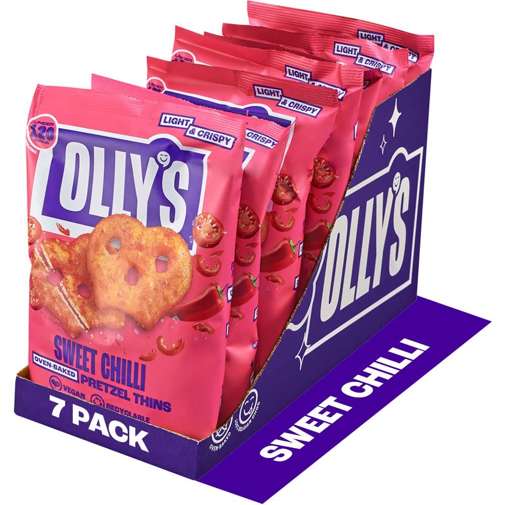 Olly's Pretzel Thins, Sweet Chilli, 140g (Pack of 7), Bigger Sharing Bag, Healthy Plant-Based Vegan Snacks for Dipping, Low Calorie Snacks, Low Fat, Source of Fibre, No Preservatives