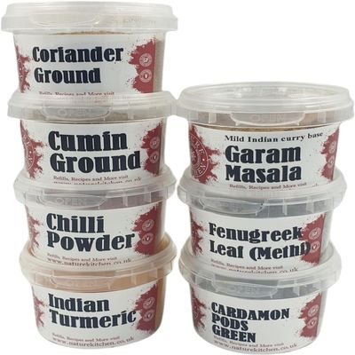 Nature Kitchen Masala Dabba Refill Set Indian Curry Spices 7 Pots, Gluten Free, Vegan Friendly, Coriander, Cumin, Garam Masala, Turmeric, Chilli, Methi, Cardamom for Everyday Cooking