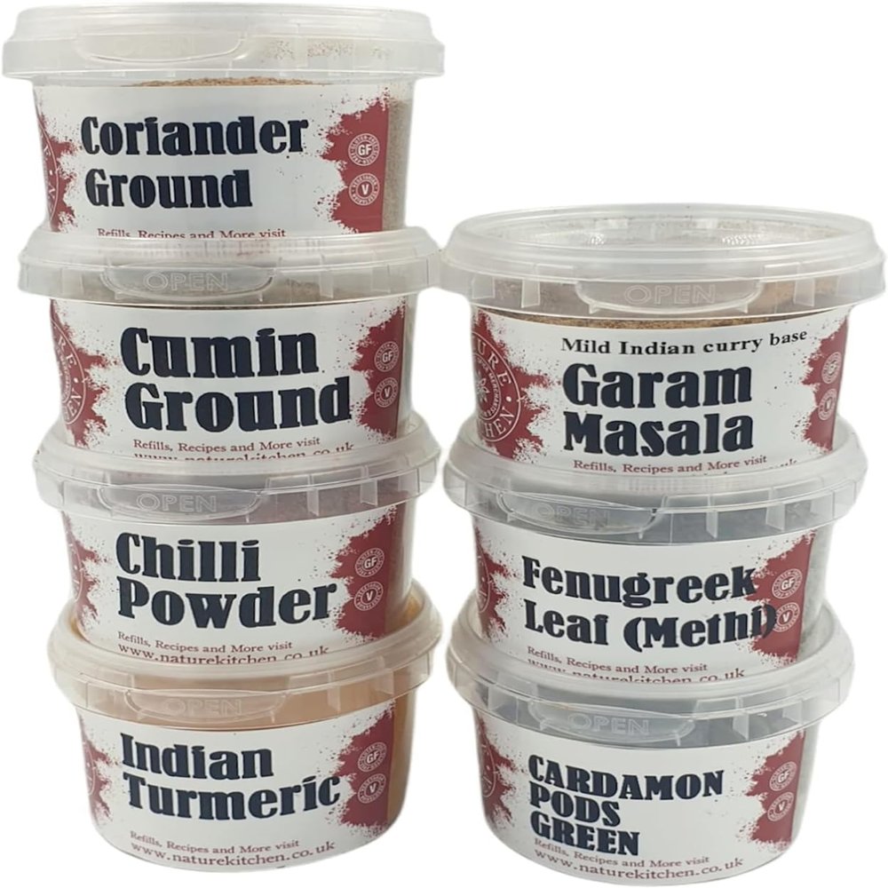 Nature Kitchen Masala Dabba Refill Set Indian Curry Spices 7 Pots, Gluten Free, Vegan Friendly, Coriander, Cumin, Garam Masala, Turmeric, Chilli, Methi, Cardamom for Everyday Cooking