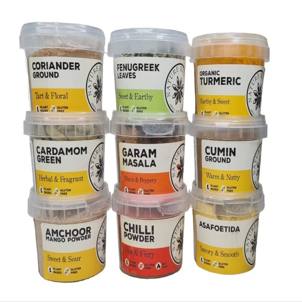 Nature Kitchen 9 Essential Indian Spices Set Curry Seasoning Collection, Gluten Free, Vegan Friendly, Cumin, Turmeric, Amchoor, Fenugreek, Cardamom, Garam Masala for Everyday Cooking