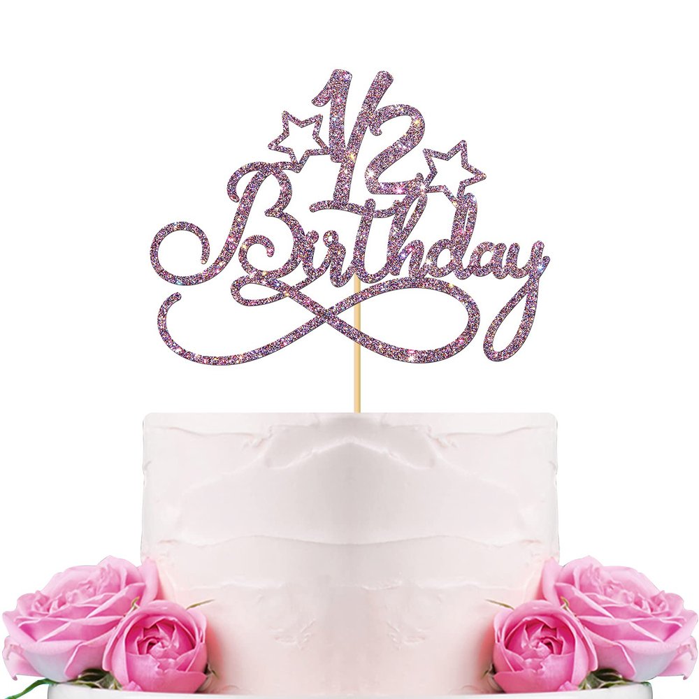 WeBenison Happy 1/2 Birthday Cake Topper / Baby 6 Months Cake Topper / New Baby Half Year Old Party Decorations Purple Glitter
