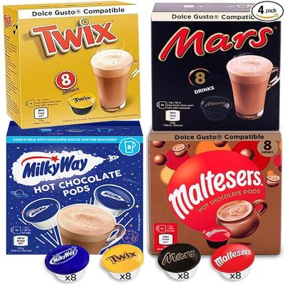 32 Dolce Gusto Hot Chocolate Capsules - Mars, Twix, Milkyway, Maltesers (4 x 8 packs)
