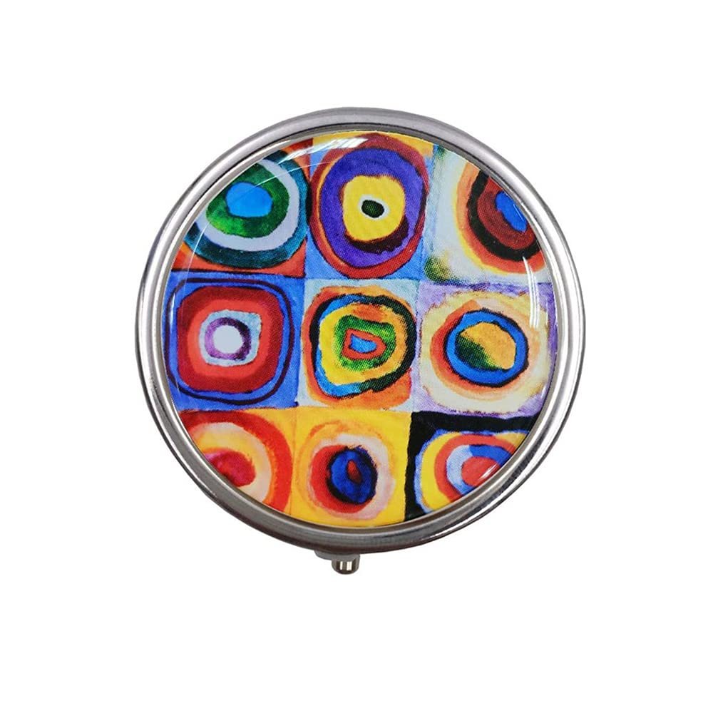 1PCS Round Mini Portabler Stainless Steel Pill Box Case Pocket 2 inches Medicine Tablet Holder Organizer Case for Purse -Compact 3 Compartment,Nine Grid Color Circle