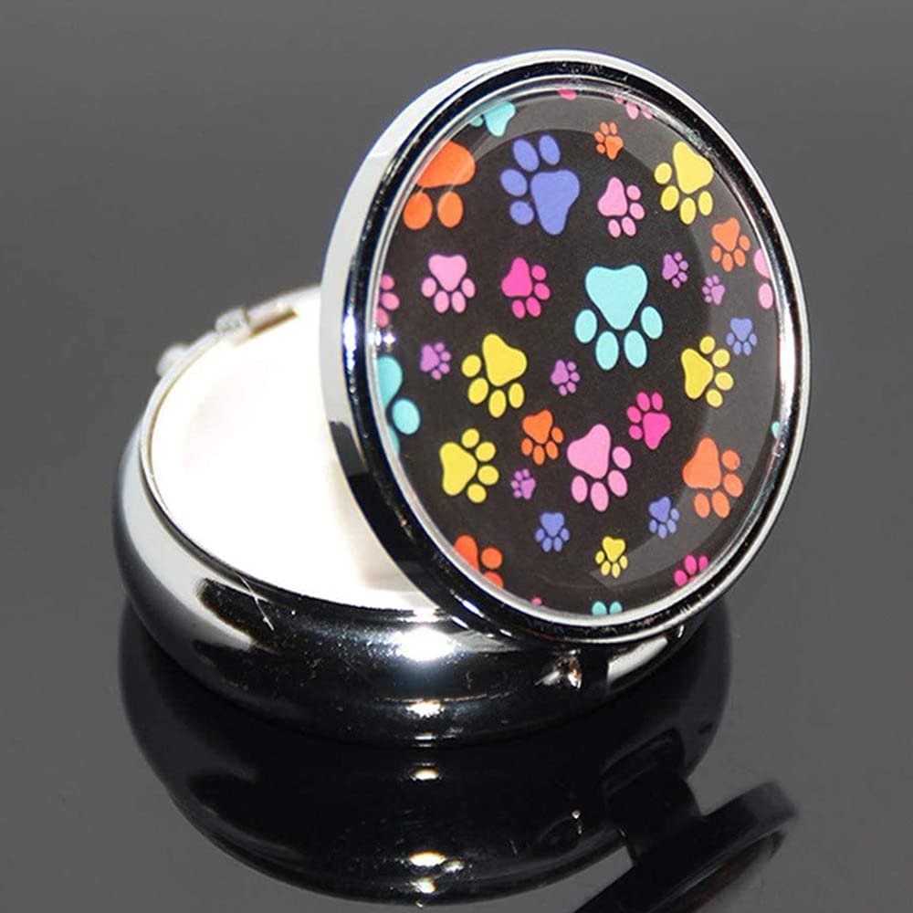 1PCS Round Mini Portabler Stainless Steel Pill Box Case Pocket 2 inches Medicine Tablet Holder Organizer Case for Purse -Compact 3 Compartment,Colorful Little Dog Footprints on Black
