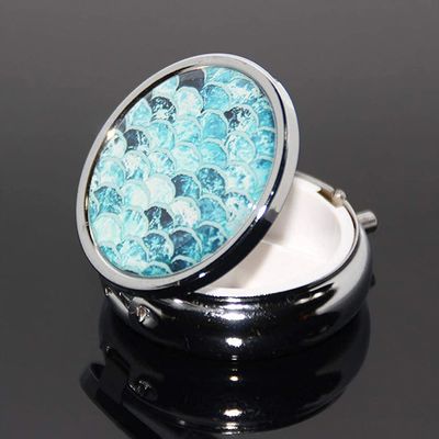 1PCS Round Mini Portabler Stainless Steel Pill Box Case Pocket 2 inches Medicine Tablet Holder Organizer Case for Purse -Compact 3 Compartment,Gradually Blue Fish Scale Pattern