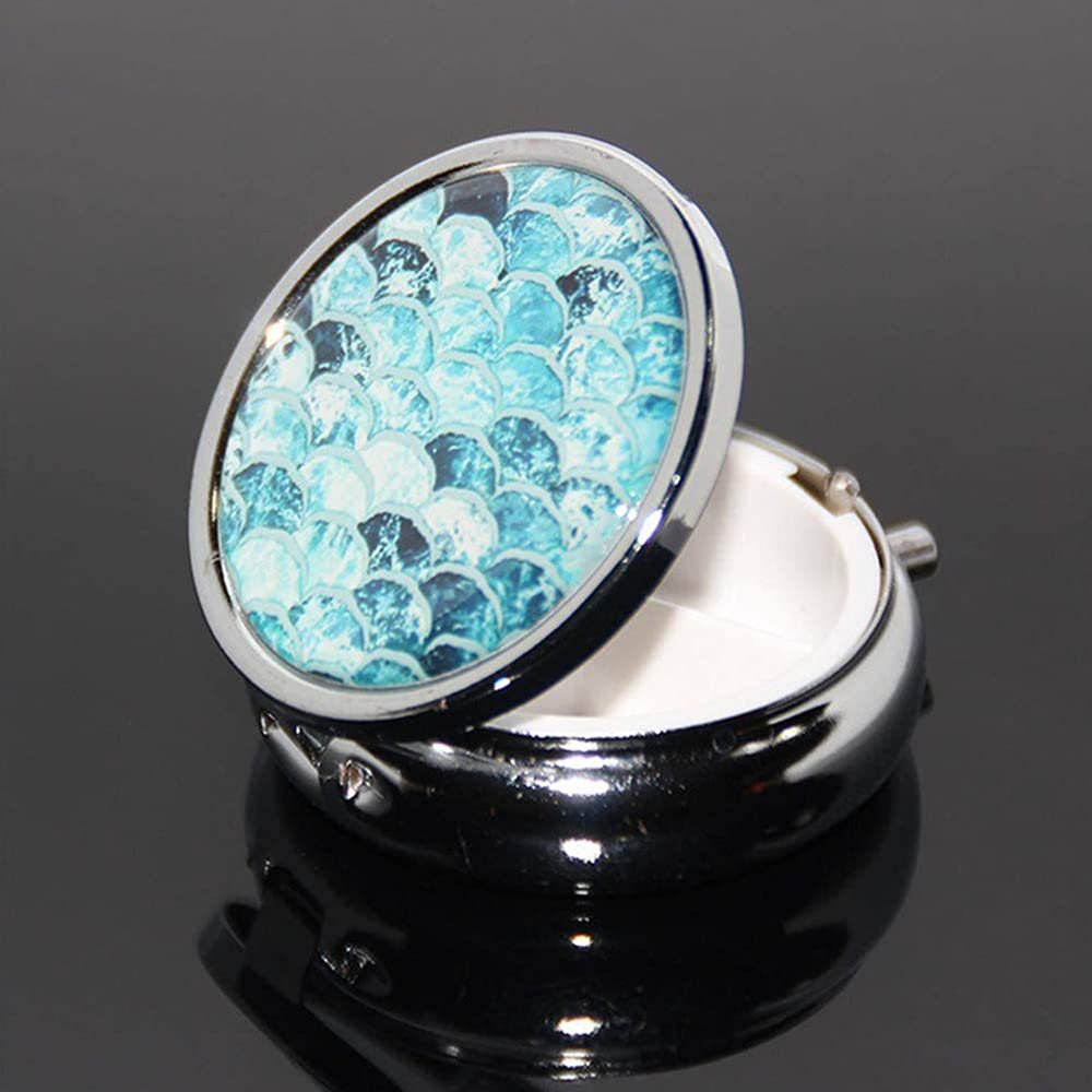 1PCS Round Mini Portabler Stainless Steel Pill Box Case Pocket 2 inches Medicine Tablet Holder Organizer Case for Purse -Compact 3 Compartment,Gradually Blue Fish Scale Pattern