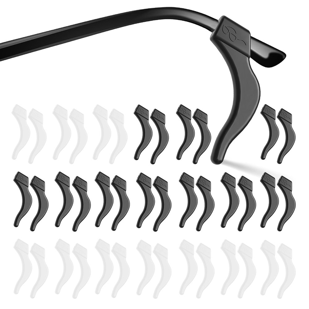 20 Pairs Eye Glasses Ear Grippers, Anti-Slip Glass Ear Hook Comfort Silicone Eyeglasses Ear Cushion for Behind the Ear for Glasses Sunglasses Reading Glasses Retainers for Kids Adults(Black +Clear)