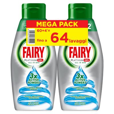 Fairy Platinum Gel Dishwasher Detergent, 64 Cycles (2 bottles x 32), Sea Breeze, Maxi Format, 100% Dissolution, with Integrated Pre-Wash System, Effective in Ecological Cycles
