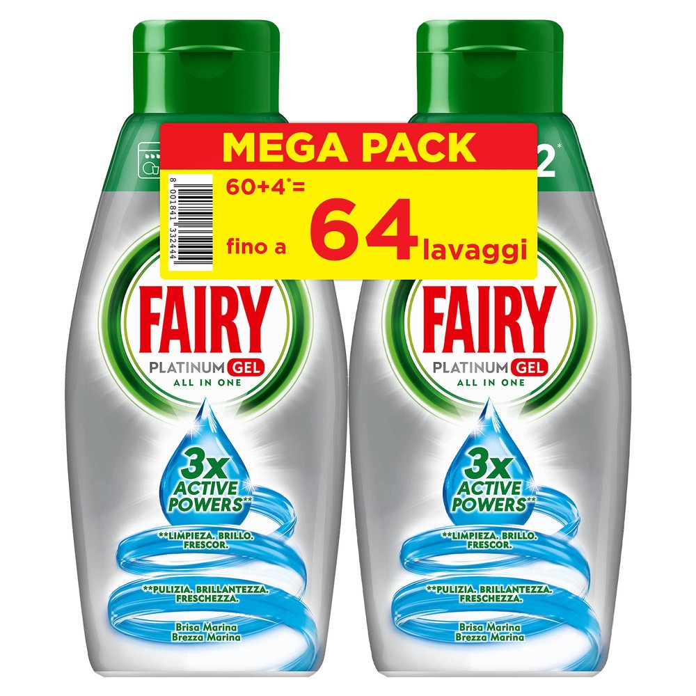 Fairy Platinum Gel Dishwasher Detergent, 64 Cycles (2 bottles x 32), Sea Breeze, Maxi Format, 100% Dissolution, with Integrated Pre-Wash System, Effective in Ecological Cycles
