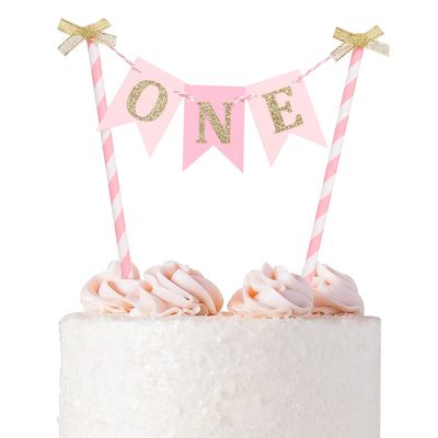 One Cake Topper for Baby Girls - Pink and Gold Cake Topper Banner for 1st Birthday, First Birthday Cake Topper, Paper Straw Cake Topper, Cake Smash Decorations