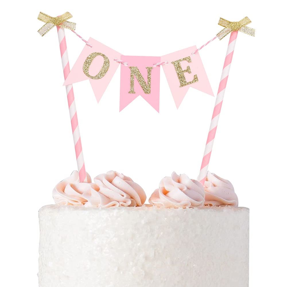 One Cake Topper for Baby Girls - Pink and Gold Cake Topper Banner for 1st Birthday, First Birthday Cake Topper, Paper Straw Cake Topper, Cake Smash Decorations