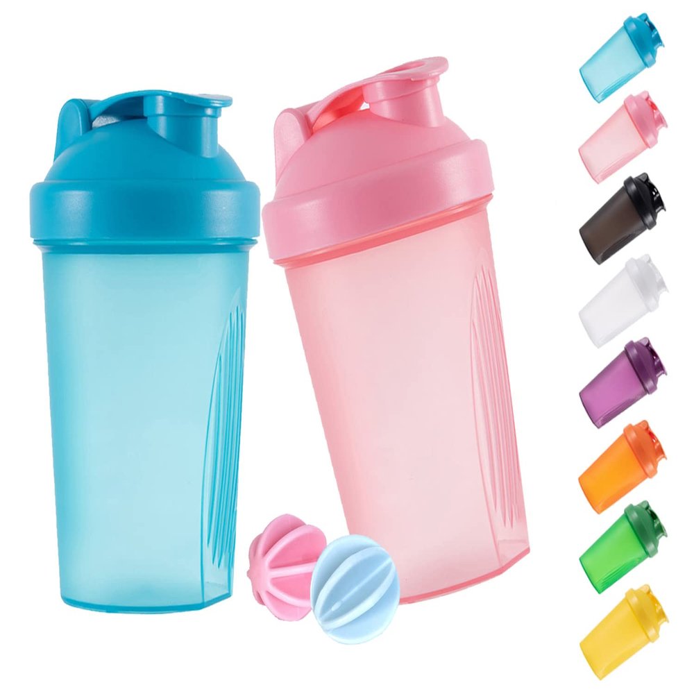 ANNAKIKI Shaker Bottle Protein Shakes and 16-Ounce/400ML Shaker Bottle with Wire Whisk Balls,Free of BPA plastic (Blue+Pink(2PCS))