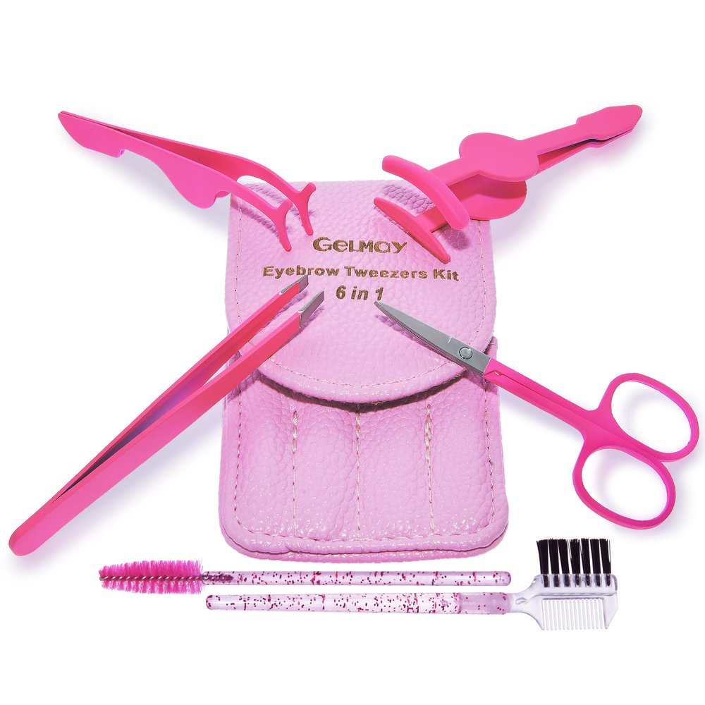 Latest Eyebrow Tweezers Kit 6Pcs, Professional Stainless Steel Brow Fake Eyelashes Clip Tool, Curvel Scissors Trimmer shaper Slant Tweezer Brush Trim Plucking Facial Ingrown Hair Splinter Tick Removal