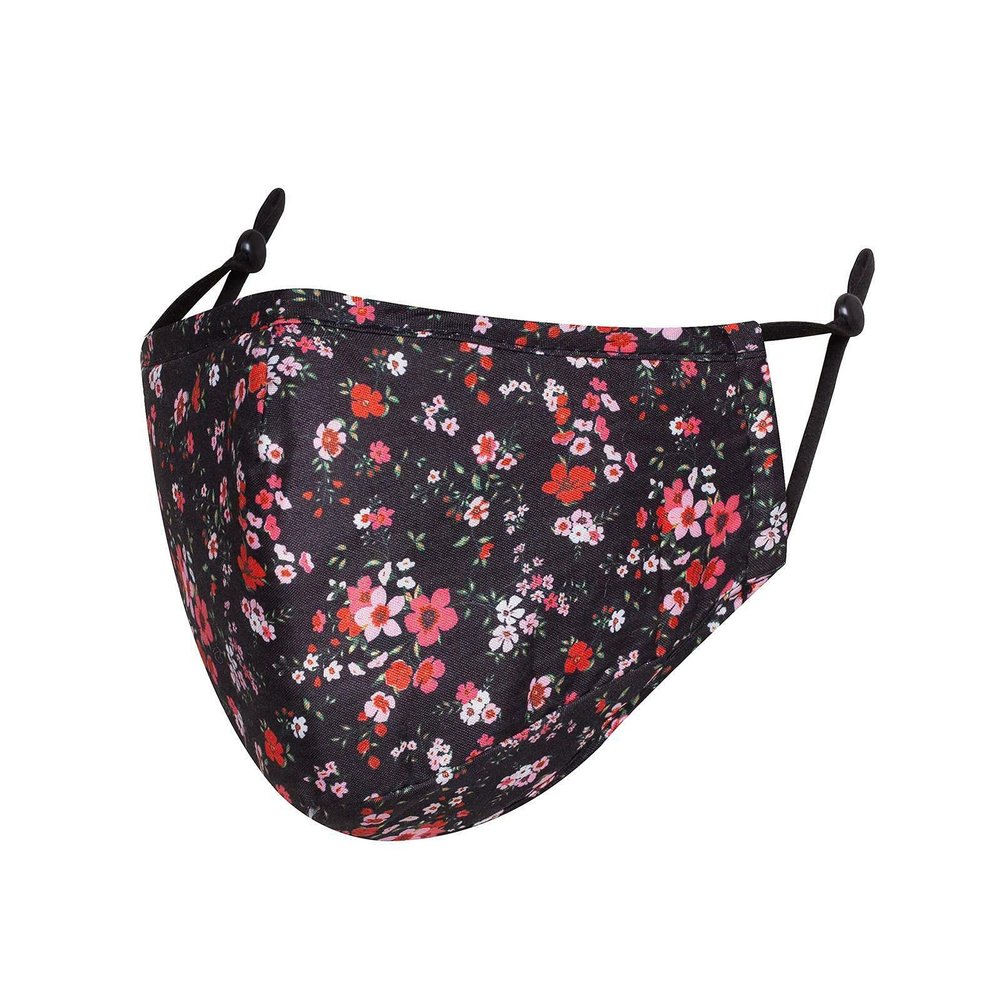 Infallible Inc Reusable Adults Unisex Cotton 3 Layered Face Cover - Washable, Breathable and Adjustable (Black & Red Flowers)
