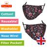 Infallible Inc Reusable Adults Unisex Cotton 3 Layered Face Cover - Washable, Breathable and Adjustable (Black & Red Flowers) view 2