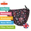 Infallible Inc Reusable Adults Unisex Cotton 3 Layered Face Cover - Washable, Breathable and Adjustable (Black & Red Flowers) view 3