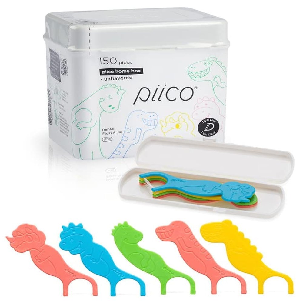 Piico Dental Floss Picks for Kids - Unflavored Twin-line Disposable Floss Picks for Kids in Fun and Colorful Designs. Flouride-Free Flosspicks with a Slim Travel Case (150 Count Homebox Dino)