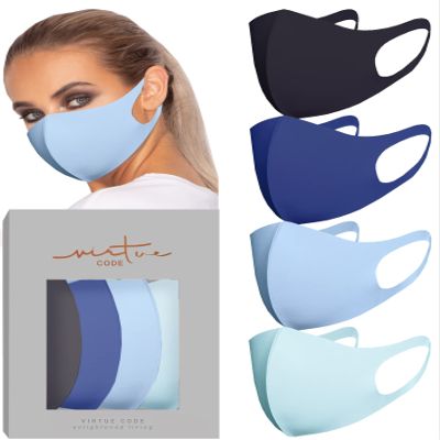 VIRTUE CODE Second Skin Cloth Face Mask Pack. 4 Buttery Soft Masks Washable Fabric - Blue Face Mask Reusable. Stretchy, Comfortable, Fresh Facemask.