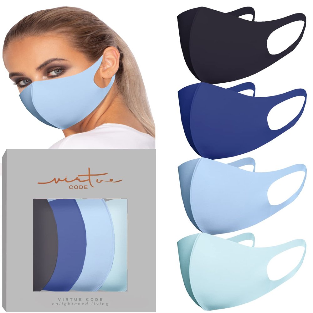 VIRTUE CODE Second Skin Cloth Face Mask Pack. 4 Buttery Soft Masks Washable Fabric - Blue Face Mask Reusable. Stretchy, Comfortable, Fresh Facemask.