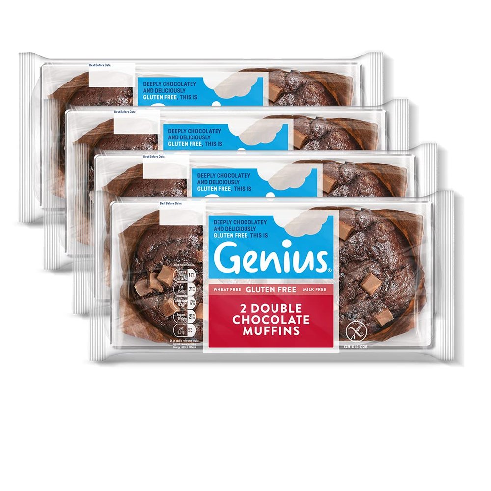 Genius Guten Free Chocolate Muffins, 2 Pack x4 (4 Packs of 2)