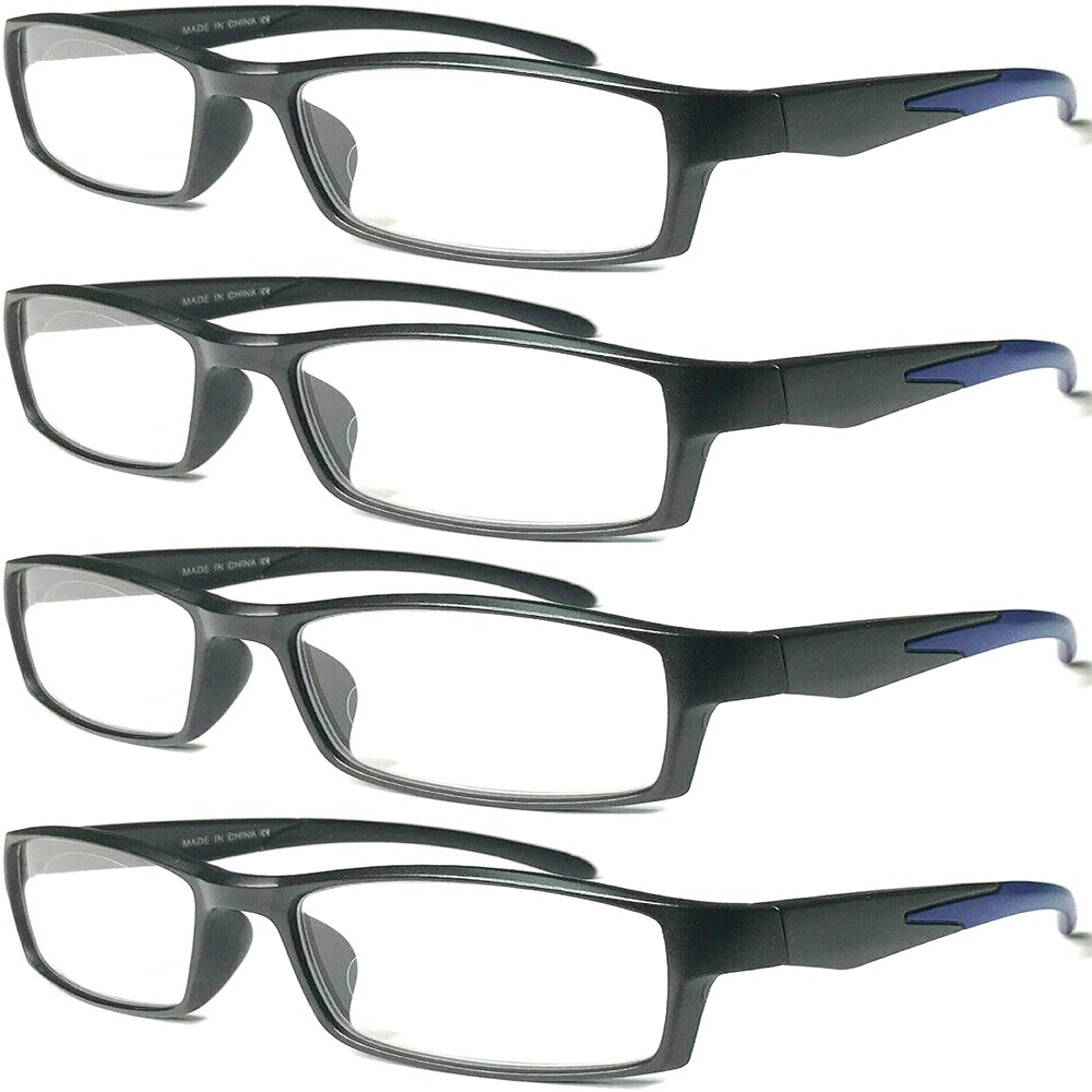 4 Pairs Sports Design Zizo Eyewear Comfortable Stylish Reading Glasses/Plastic Glasses Frame R152 Spectacles (Black/Arms Blue, 1.00 Magnification)