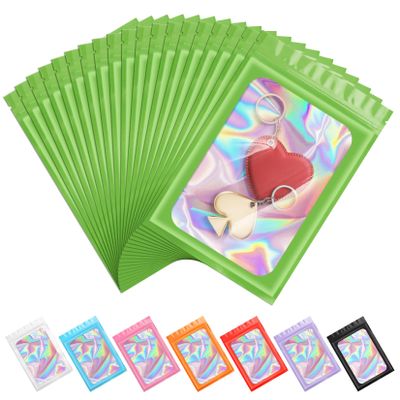 Pack of 100 Smell Proof Mylar Resealable Bags Holographic Packaging Bags Resealable Zipper Bags with Clear Window for Food Storage and