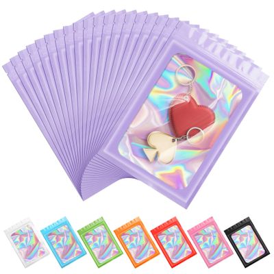 100 Pieces Resealable Mylar Smell Proof Bags, Holographic Packaging Bags, Resealable Zipper Bags with Clear Window for Food Storage and Lip Gloss,