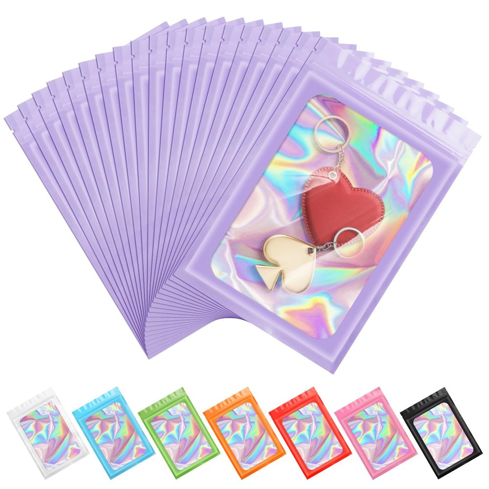 100 Pieces Resealable Mylar Smell Proof Bags, Holographic Packaging Bags, Resealable Zipper Bags with Clear Window for Food Storage and Lip Gloss,