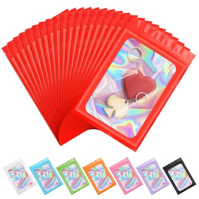 100 Pieces Smell Proof Mylar Resealable Bags Holographic Packaging Bags Resealable Bags with Clear Window for Food Storage & Shine