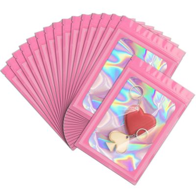 100 Mylar Resealable Bags Odor Resistant Holographic Packaging Bags Resealable Zippered Bags with Window for Food Storage and Storage