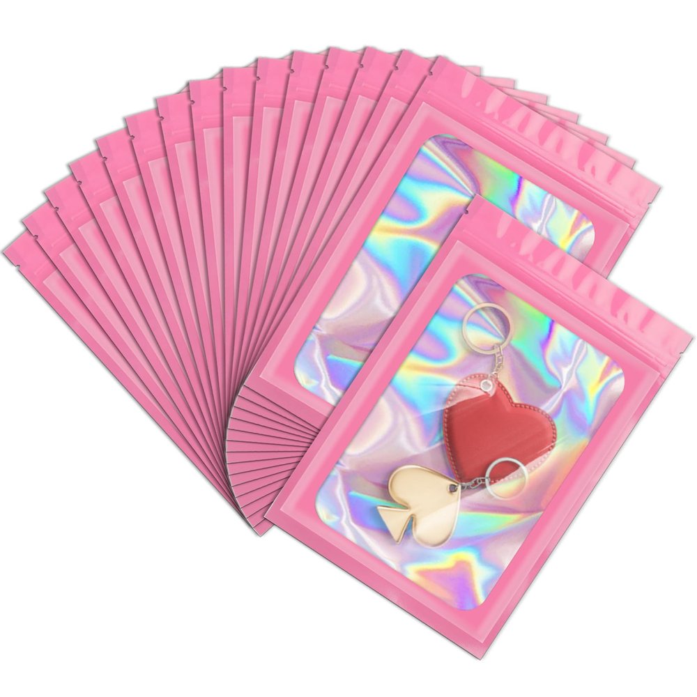 100 Mylar Resealable Bags Odor Resistant Holographic Packaging Bags Resealable Zippered Bags with Window for Food Storage and Storage