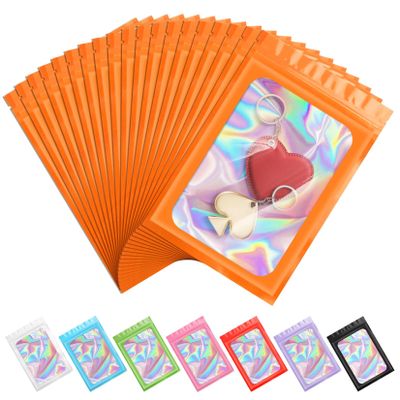 ANZNKU 100PCS Holographic Orange Mylar Bags, Resealable Smell Proof 5.1x8.3