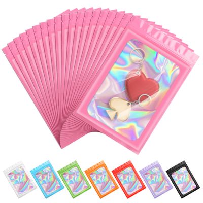 100 Pieces Resealable Mylar Smell Proof Bags, Holographic Packaging Bags, Resealable Zipper Bags with Clear Window for Food Storage and Lip Gloss,