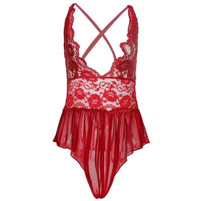 Sexy School Girl Lingerie Ladies Women Lace V-Neck Sexy Lingerie Bodysuit Jumpsuit Nightwear Under Sleeveless Bikini Cover Up-Red_S
