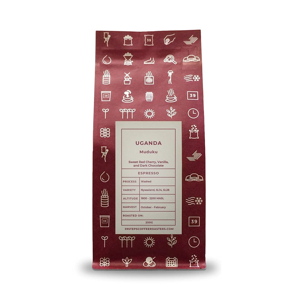 39 Steps Coffee | Muduku, Uganda | Flavours notes of Sweet Red Cherry, Vanilla, Dark Chocolate | Espresso Roast Coffee Beans | 250g