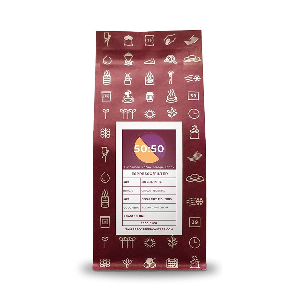 39 Steps Coffee | 50:50 Caffeine/Decaf Blend | Flavours notes of Cinnamon, Cacao, Orange Candy | Omniroast Coffee Beans | 1kg