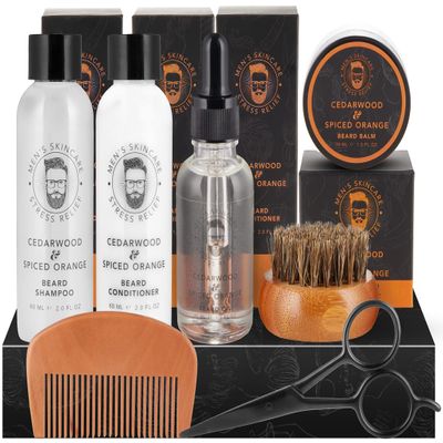BRUBAKER 7-Pcs Beard Growth Kit - Gift Set with 2.0 FL. OZ. 60 ML Beard Shampoo, 2.0 FL. OZ. 60 ML Conditioner, Oil, Balm, Beard Brush, Beard Comb, Trimmer - Men' s Gifts for Your Loved One or Dad