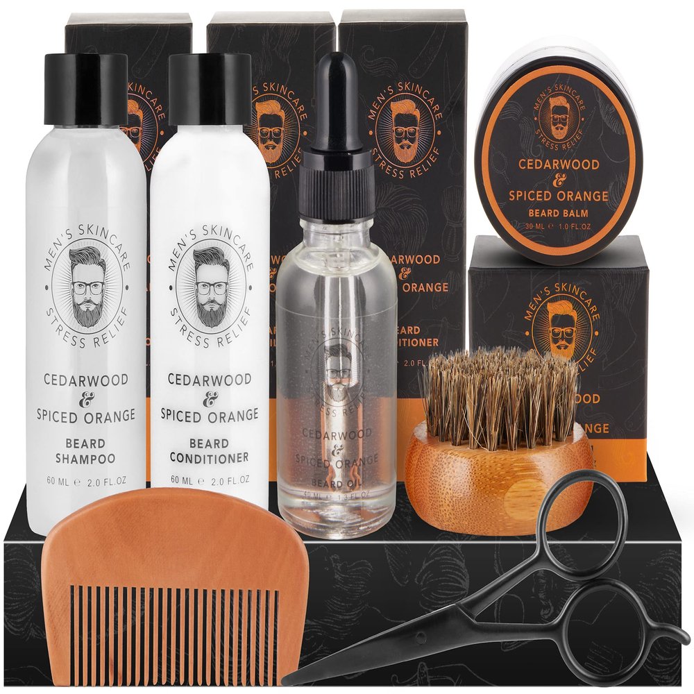 BRUBAKER 7-Pcs Beard Growth Kit - Gift Set with 2.0 FL. OZ. 60 ML Beard Shampoo, 2.0 FL. OZ. 60 ML Conditioner, Oil, Balm, Beard Brush, Beard Comb, Trimmer - Men' s Gifts for Your Loved One or Dad