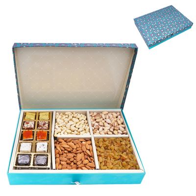 Ghasitaram Gifts Diwali Gifts Blue 6 Part of Assorted Bits 10 pcs, Almonds, Cashews, Pistachio and Raisins